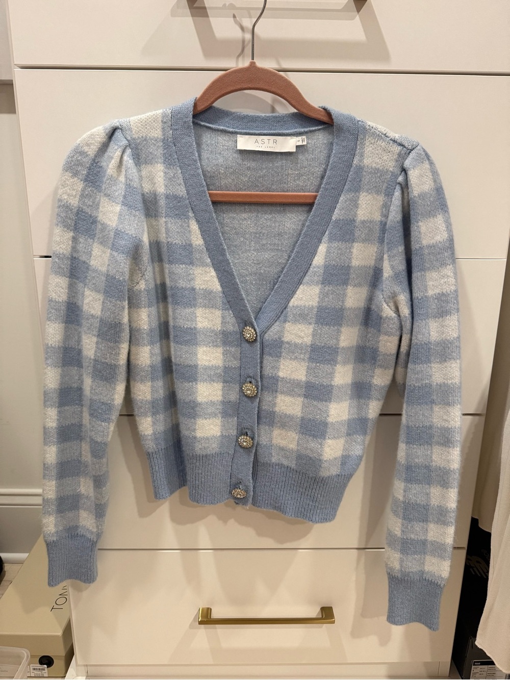 Astr Blue and White Check Puff-Sleeve Cardigan